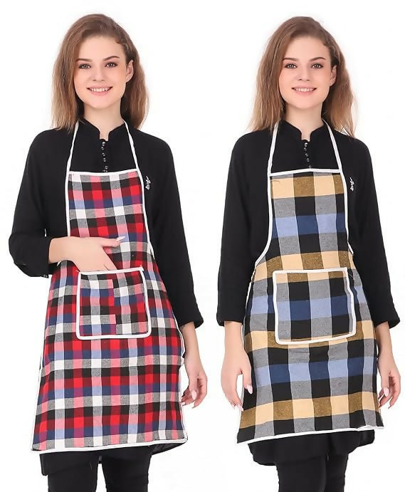 Glun Waterproof Cotton Kitchen Apron With Front Pocket-Multicolour (Pack of 2)