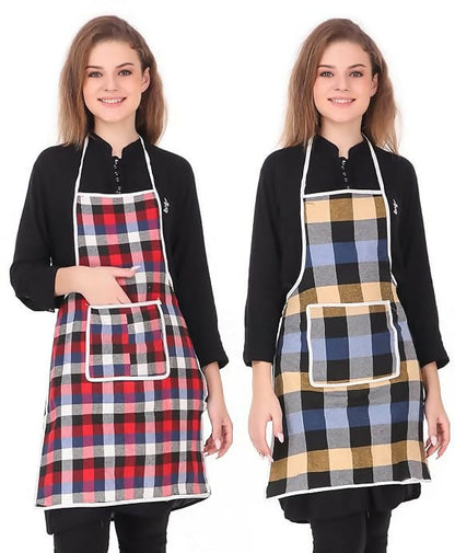 Glun Waterproof Cotton Kitchen Apron With Front Pocket-Multicolour (Pack of 2)