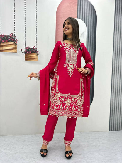 Teeya Creation Womens New Wedding Wear Heavy Embroidery Thread Work Pink Kurta Set