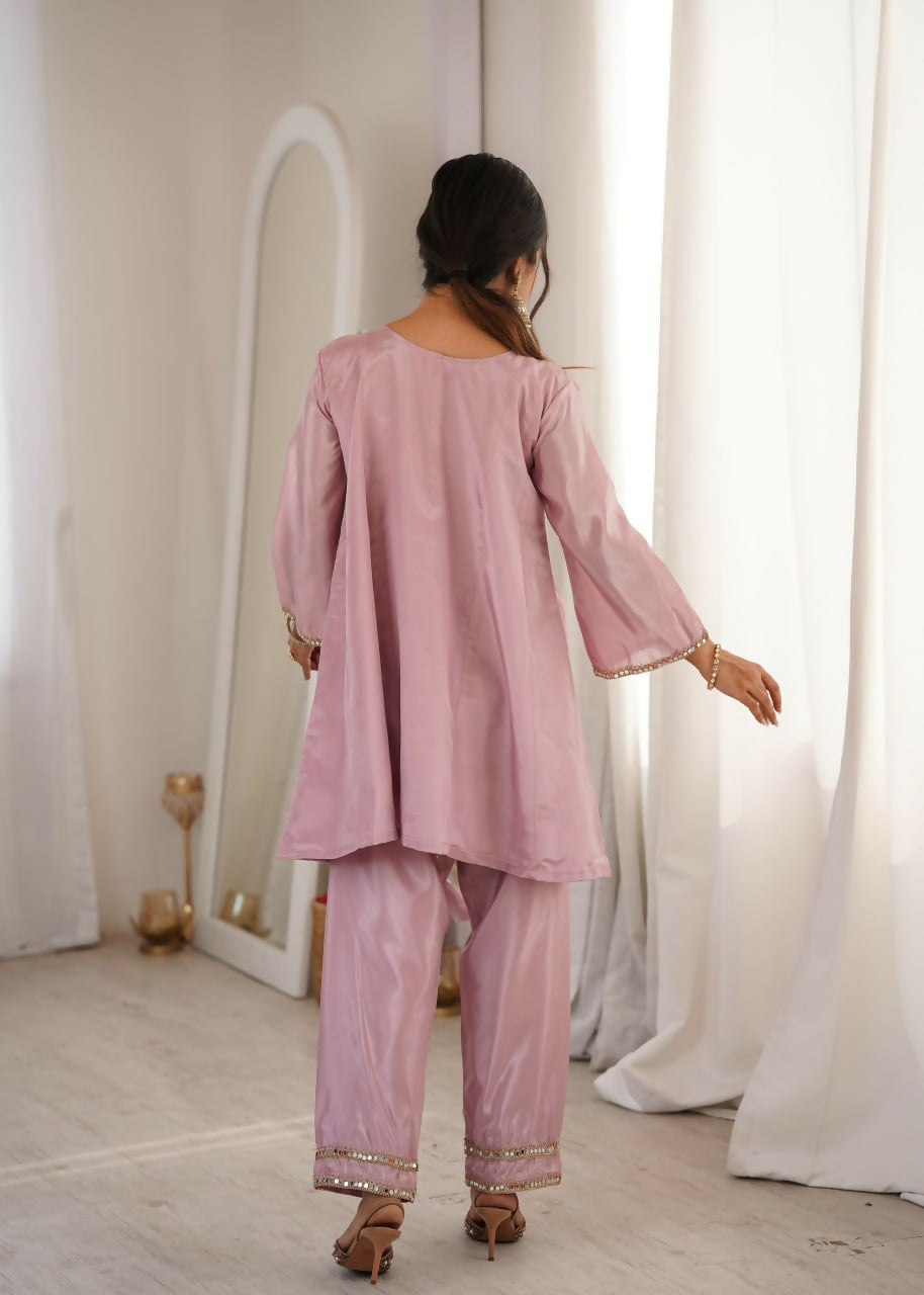 Teeya Creation Womens New Wedding Wear Pink Color With Mirror & Lace Work Kurta Pant Set
