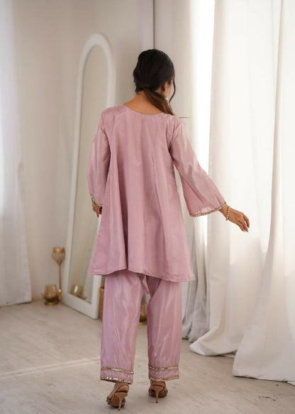 Teeya Creation Womens New Wedding Wear Pink Color With Mirror & Lace Work Kurta Pant Set
