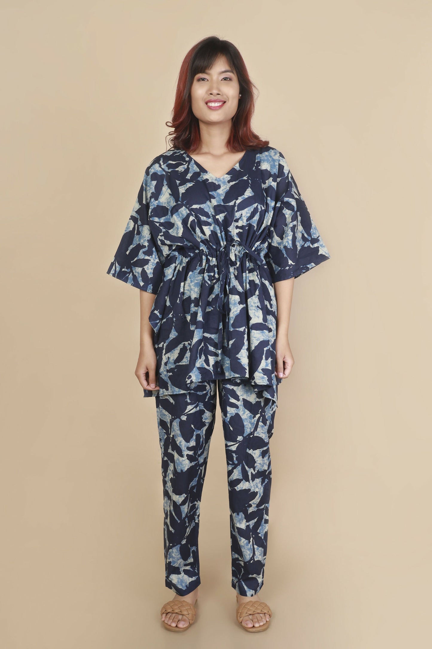 Breathables WomenS Loungewear Kaftan Cotton Blue Floral Print Co-Ord Set