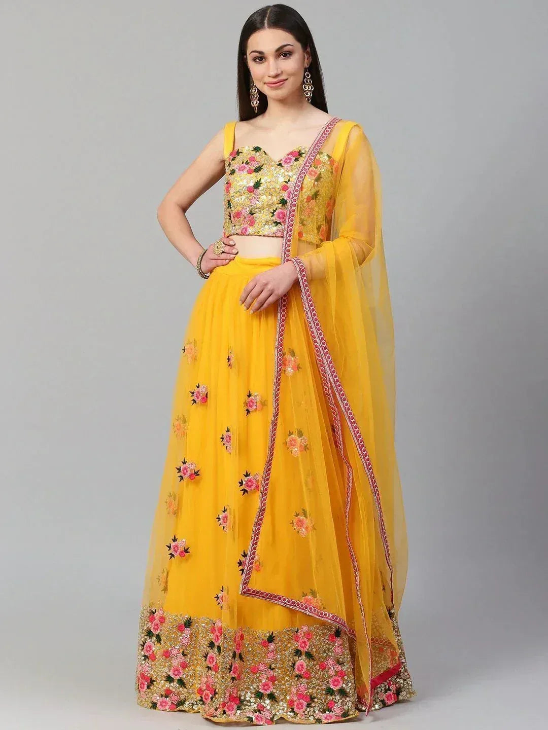 Tulsi Art Yellow & Pink Embroidered Semi-Stitched Myntra Lehenga & Unstitched Blouse With Dupatta