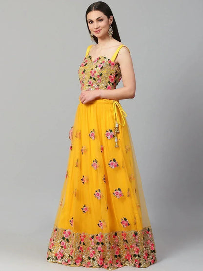 Tulsi Art Yellow & Pink Embroidered Semi-Stitched Myntra Lehenga & Unstitched Blouse With Dupatta