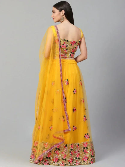 Tulsi Art Yellow & Pink Embroidered Semi-Stitched Myntra Lehenga & Unstitched Blouse With Dupatta