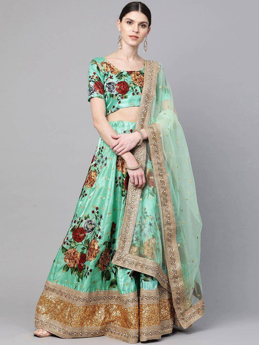 Tulsi Art Green Floral Semi-Stitched Myntra Lehenga & Unstitched Blouse With Dupatta