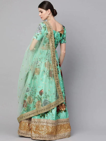 Tulsi Art Green Floral Semi-Stitched Myntra Lehenga & Unstitched Blouse With Dupatta