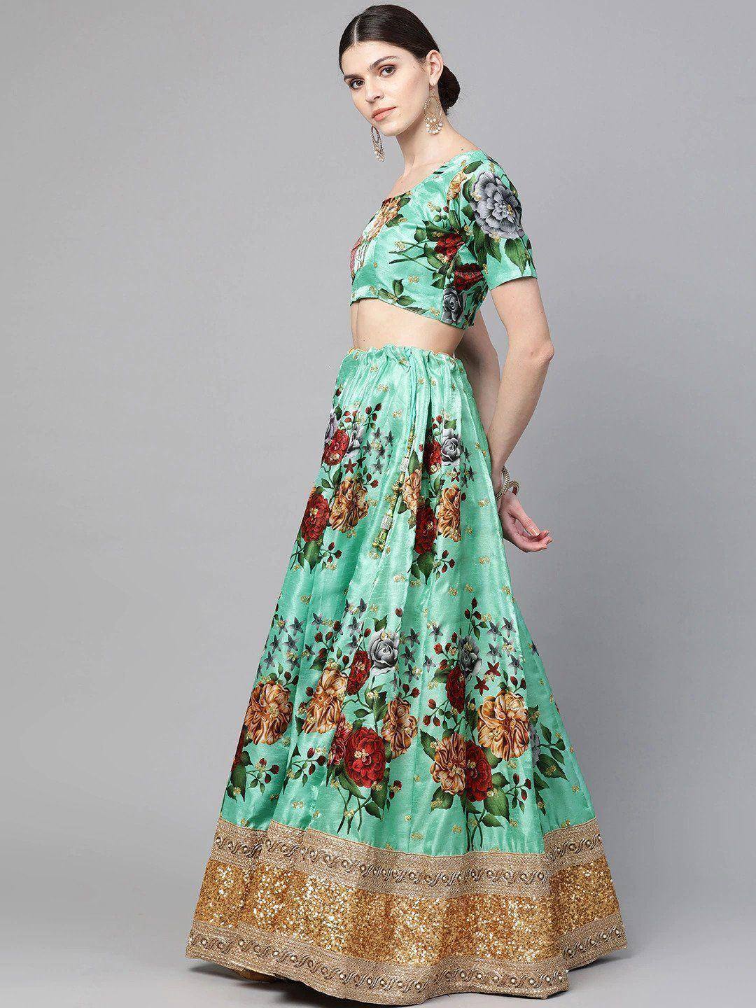Tulsi Art Green Floral Semi-Stitched Myntra Lehenga & Unstitched Blouse With Dupatta