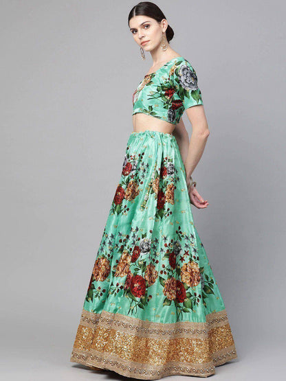 Tulsi Art Green Floral Semi-Stitched Myntra Lehenga & Unstitched Blouse With Dupatta