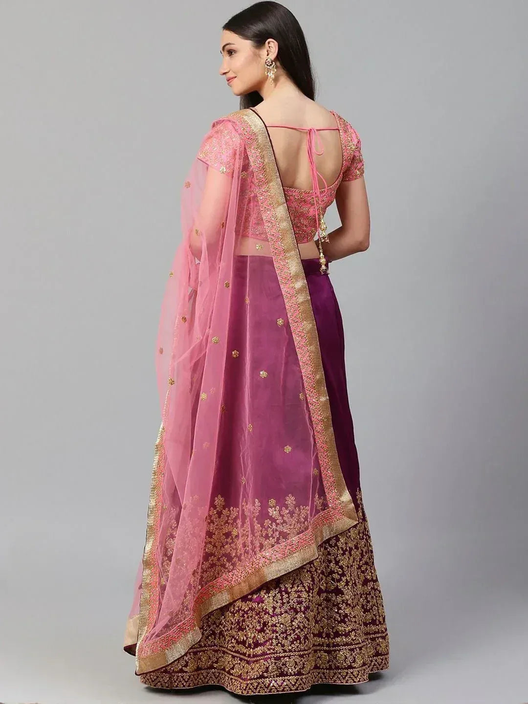 Tulsi Art Purple & Pink Semi-Stitched Myntra Lehenga & Unstitched Blouse With Dupatta