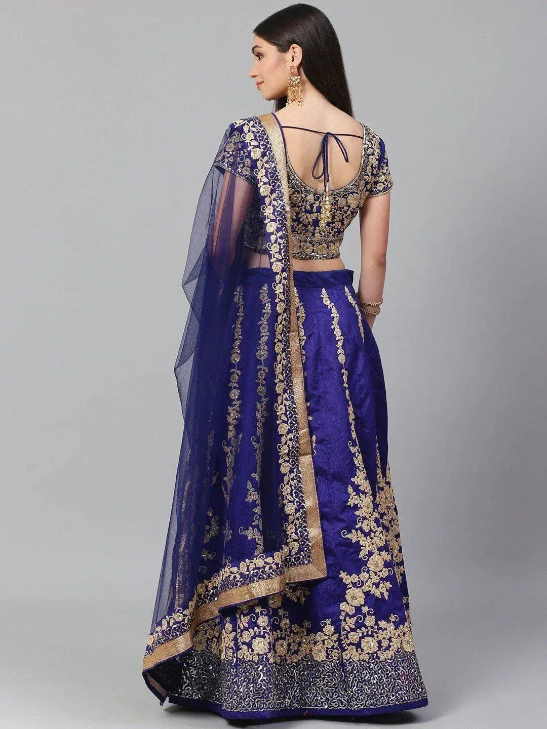 Tulsi Art Blue & Gold-Toned Embroidered Semi-Stitched Myntra Lehenga & Unstitched Blouse With Dupatta