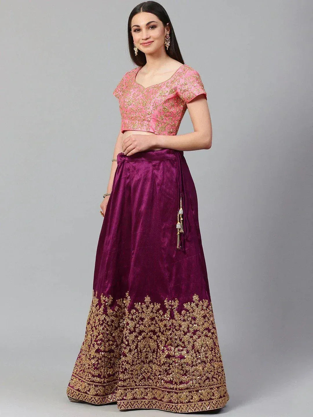 Tulsi Art Purple & Pink Semi-Stitched Myntra Lehenga & Unstitched Blouse With Dupatta