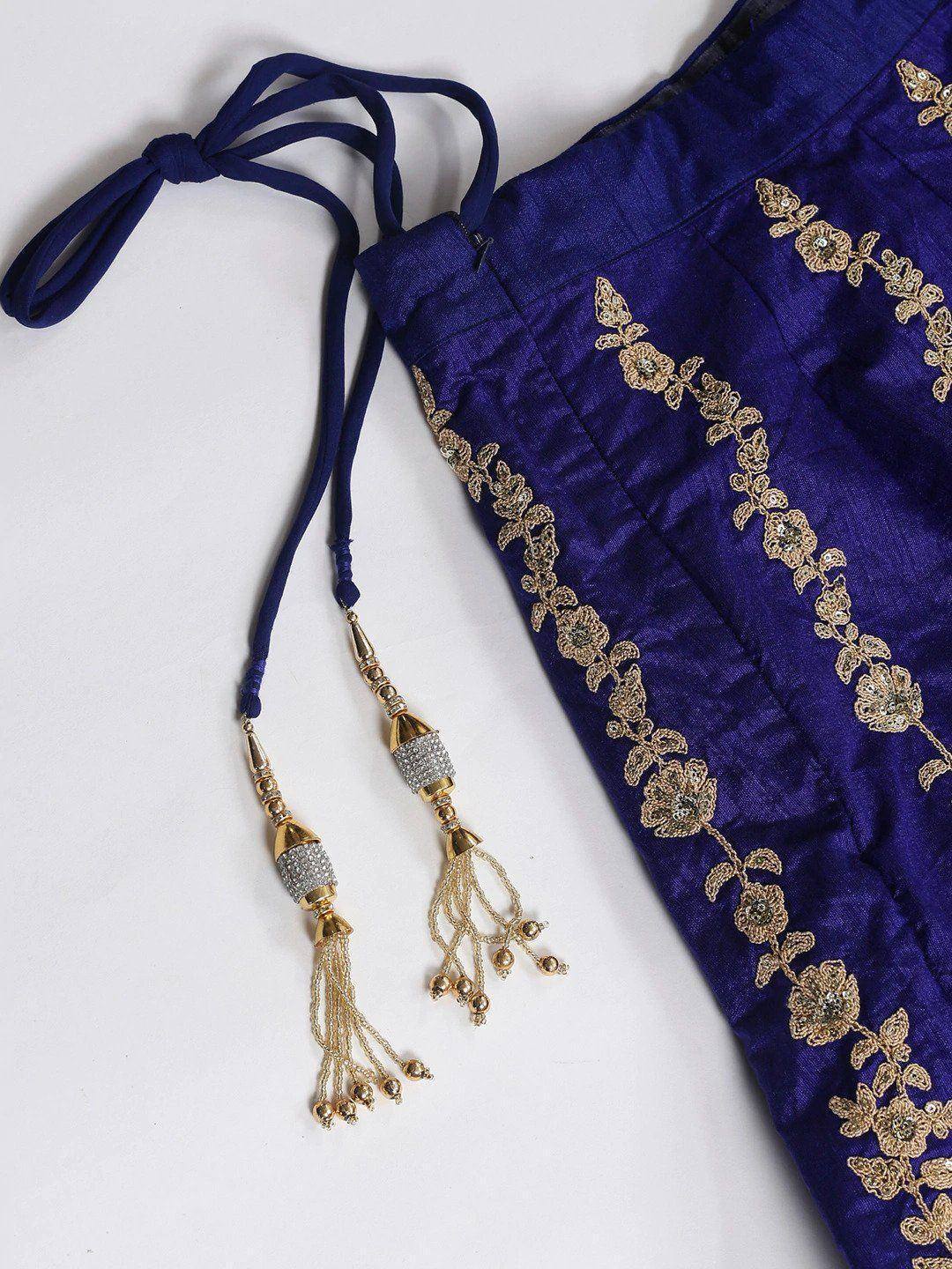 Tulsi Art Blue & Gold-Toned Embroidered Semi-Stitched Myntra Lehenga & Unstitched Blouse With Dupatta