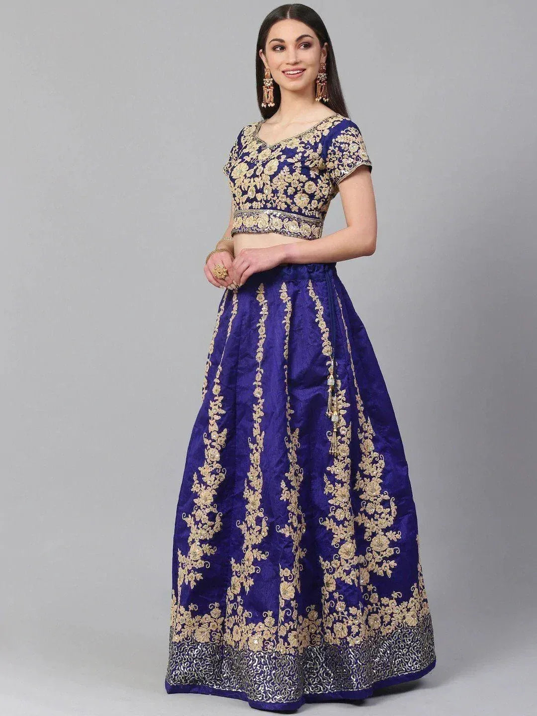 Tulsi Art Blue & Gold-Toned Embroidered Semi-Stitched Myntra Lehenga & Unstitched Blouse With Dupatta