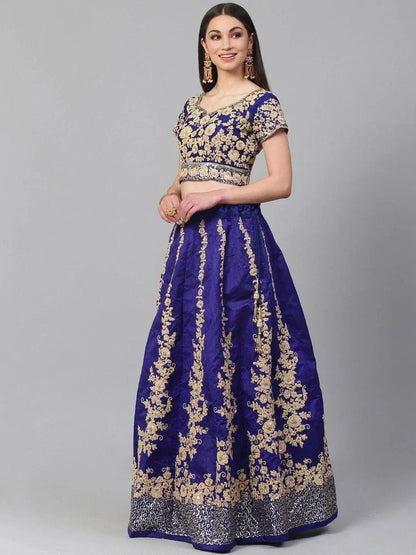 Tulsi Art Blue & Gold-Toned Embroidered Semi-Stitched Myntra Lehenga & Unstitched Blouse With Dupatta