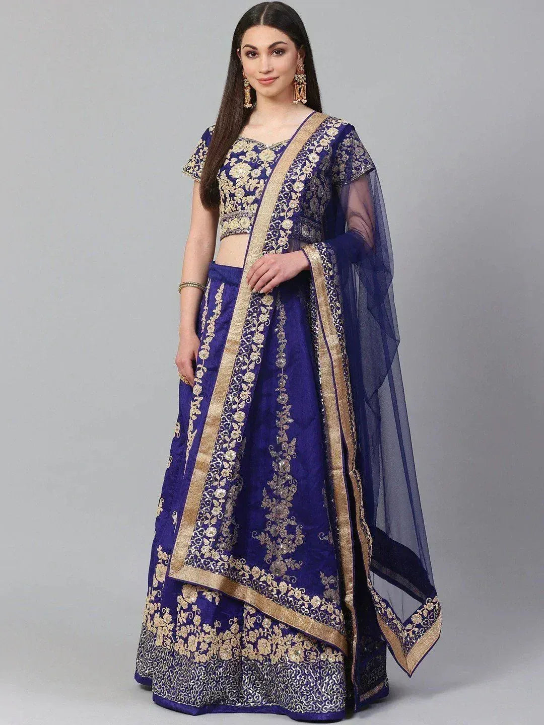 Tulsi Art Blue & Gold-Toned Embroidered Semi-Stitched Myntra Lehenga & Unstitched Blouse With Dupatta