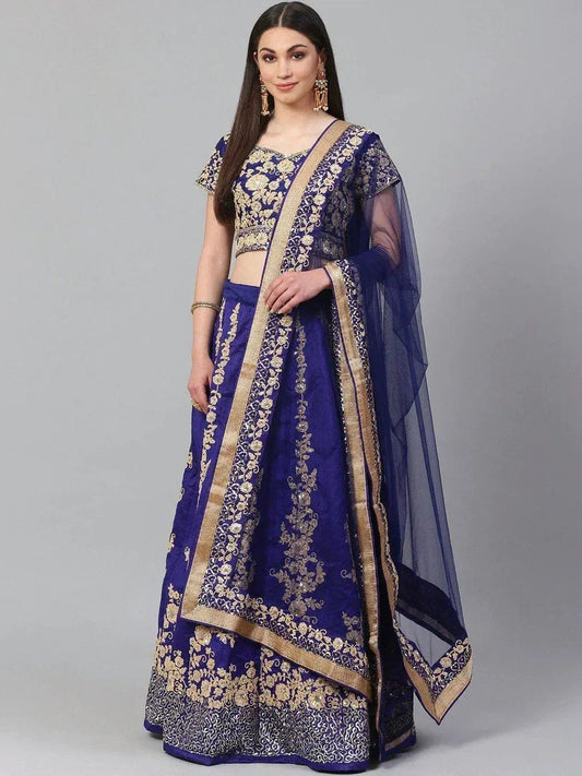Tulsi Art Blue & Gold-Toned Embroidered Semi-Stitched Myntra Lehenga & Unstitched Blouse With Dupatta