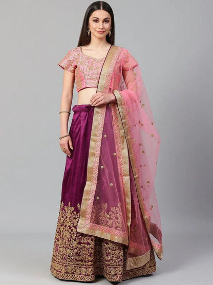 Tulsi Art Purple & Pink Semi-Stitched Myntra Lehenga & Unstitched Blouse With Dupatta