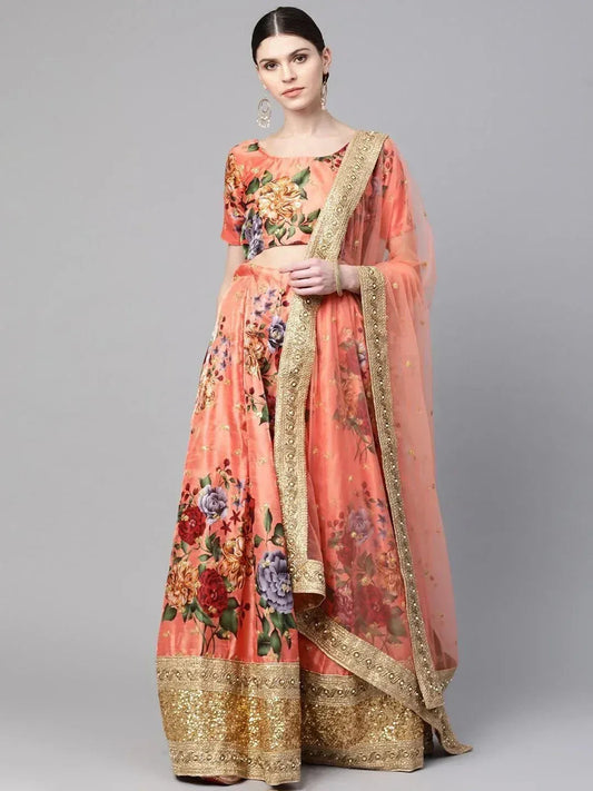 Tulsi Art Peach-Coloured & Pink Printed Semi-Stitched Myntra Lehenga & Unstitched Blouse With Dupatta