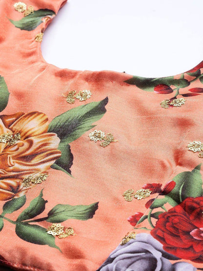 Tulsi Art Peach-Coloured & Pink Printed Semi-Stitched Myntra Lehenga & Unstitched Blouse With Dupatta