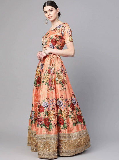 Tulsi Art Peach-Coloured & Pink Printed Semi-Stitched Myntra Lehenga & Unstitched Blouse With Dupatta