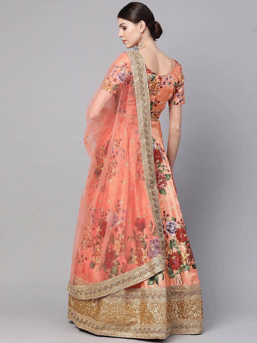 Tulsi Art Peach-Coloured & Pink Printed Semi-Stitched Myntra Lehenga & Unstitched Blouse With Dupatta