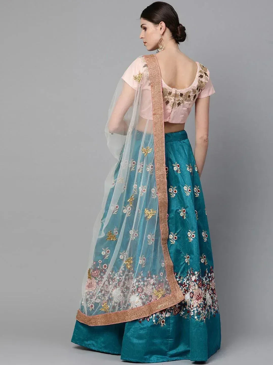 Tulsi Art Turquoise Blue & Peach-Coloured Embroidered Semi-Stitched Myntra Lehenga & Unstitched Blouse With Dupatta
