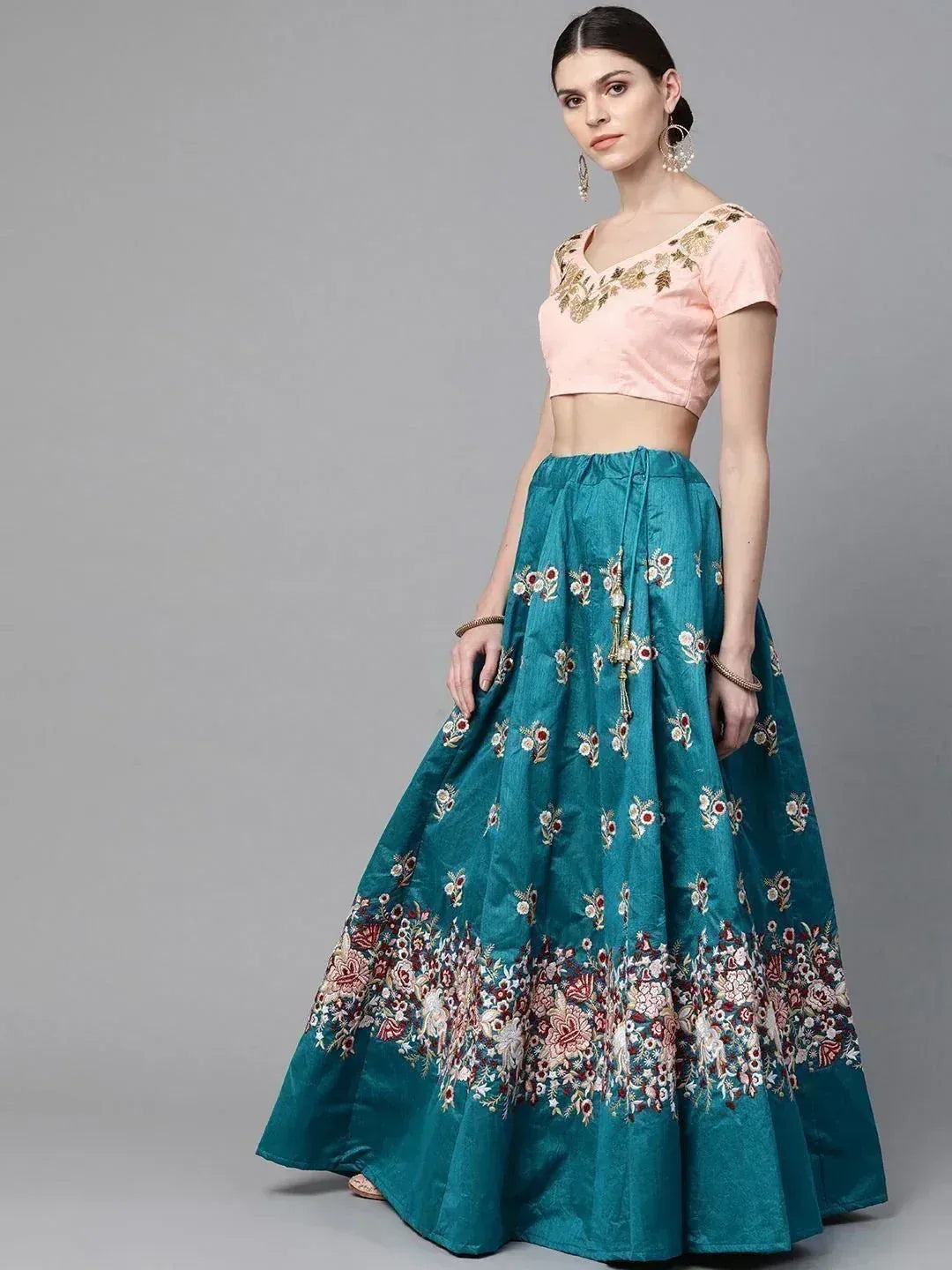 Tulsi Art Turquoise Blue & Peach-Coloured Embroidered Semi-Stitched Myntra Lehenga & Unstitched Blouse With Dupatta