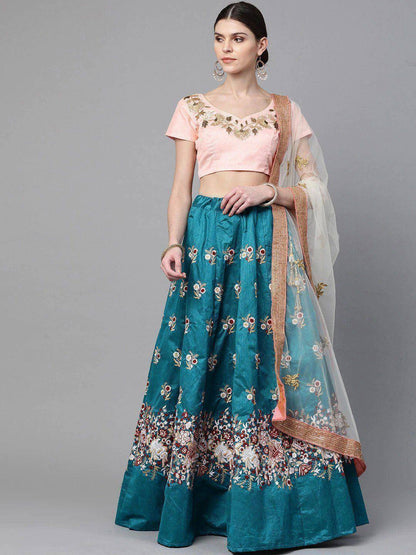 Tulsi Art Turquoise Blue & Peach-Coloured Embroidered Semi-Stitched Myntra Lehenga & Unstitched Blouse With Dupatta
