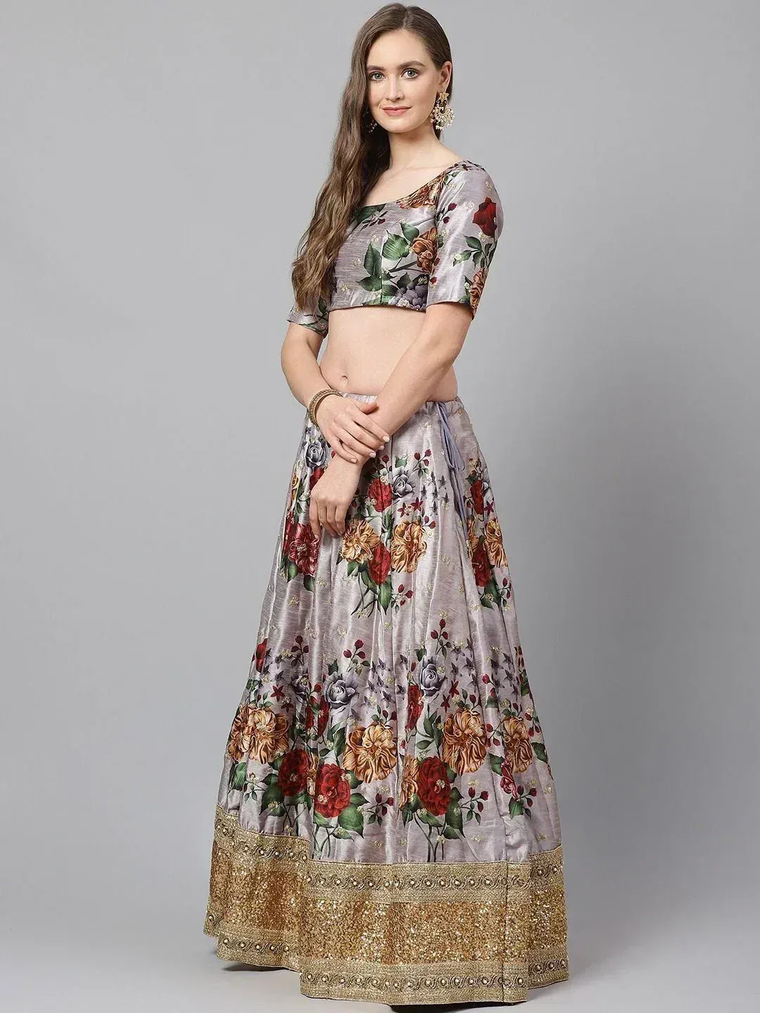 Tulsi Art Grey & Red Printed Semi-Stitched Myntra Lehenga & Unstitched Blouse With Dupatta