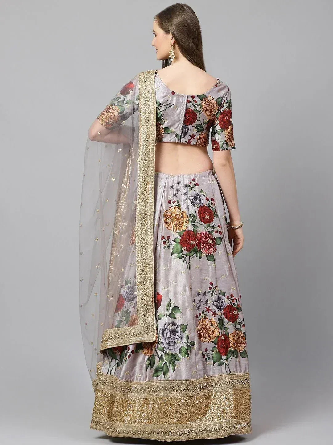 Tulsi Art Grey & Red Printed Semi-Stitched Myntra Lehenga & Unstitched Blouse With Dupatta
