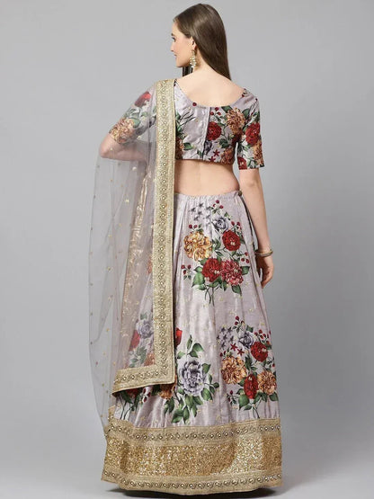 Tulsi Art Grey & Red Printed Semi-Stitched Myntra Lehenga & Unstitched Blouse With Dupatta
