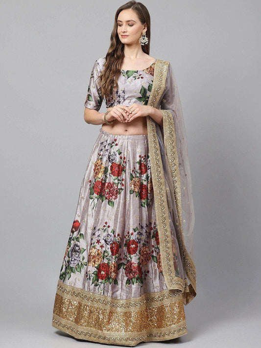 Tulsi Art Grey & Red Printed Semi-Stitched Myntra Lehenga & Unstitched Blouse With Dupatta