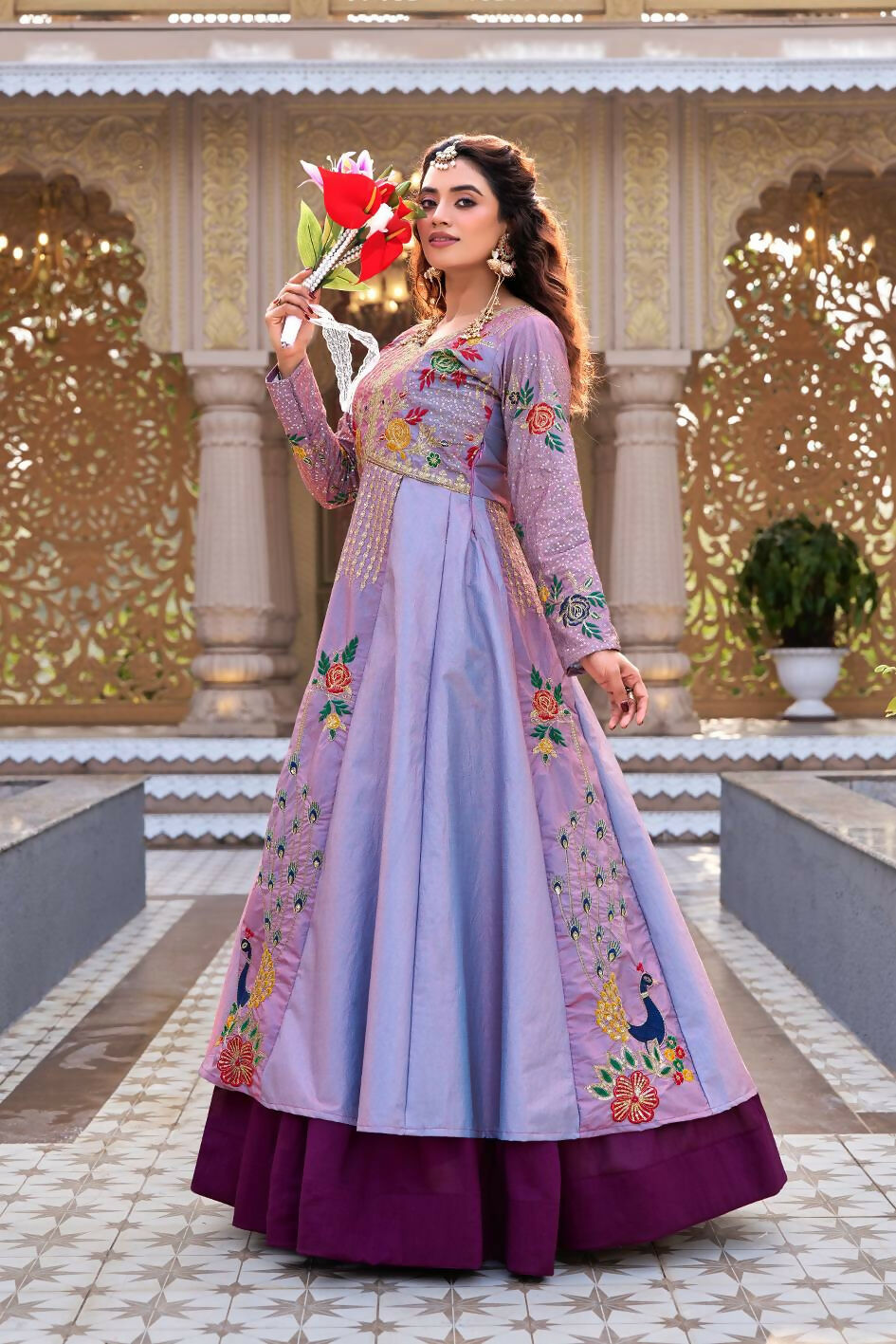 Teeya Creation Womens New Simply Wear Embroidery Sequence With Thread Work Lavender Gown Set