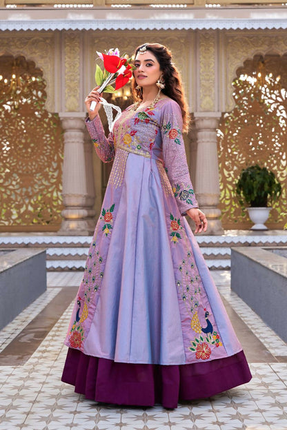Teeya Creation Womens New Simply Wear Embroidery Sequence With Thread Work Lavender Gown Set