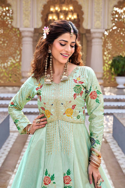 Teeya Creation Womens New Simply Wear Embroidery Sequence With Thread Work Light-Green Gown Set