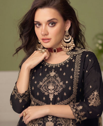 KC Black Wedding Wear Embroidered Crush Silk Salwar Suit