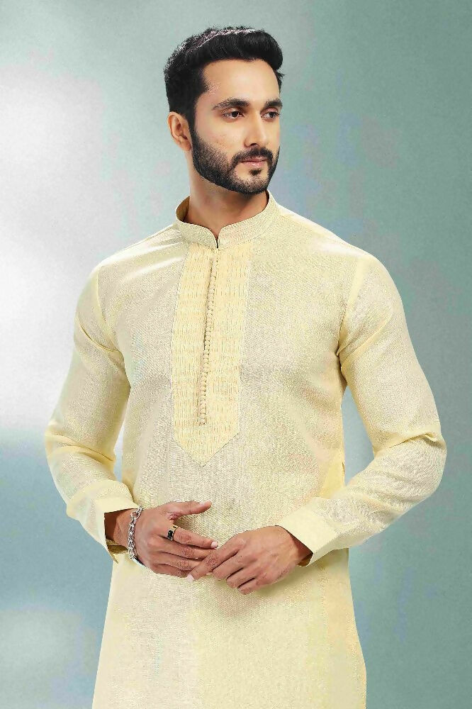 Raivat Ethnic Linen Cotton Pintux Work Kurta Pajama In Yellow Colour