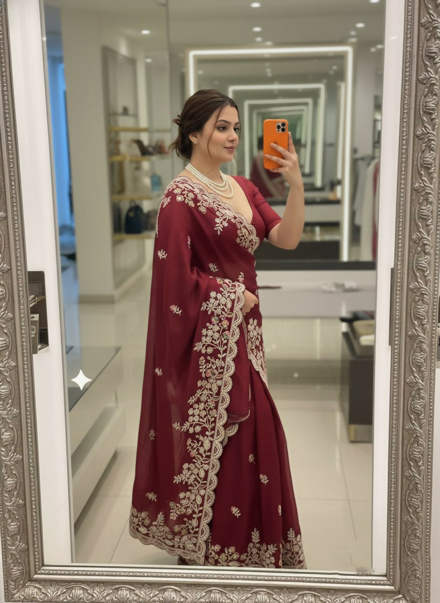 Teeya Creation New Trendy Party Wear Soft Silk Saree-Maroon