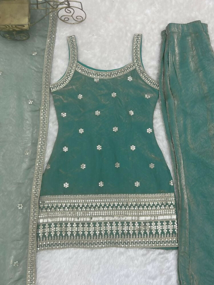 Teeya Creation Seafoam Green Embroidered Frendy Silk Sharara Suit Set