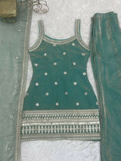 Teeya Creation Seafoam Green Embroidered Frendy Silk Sharara Suit Set