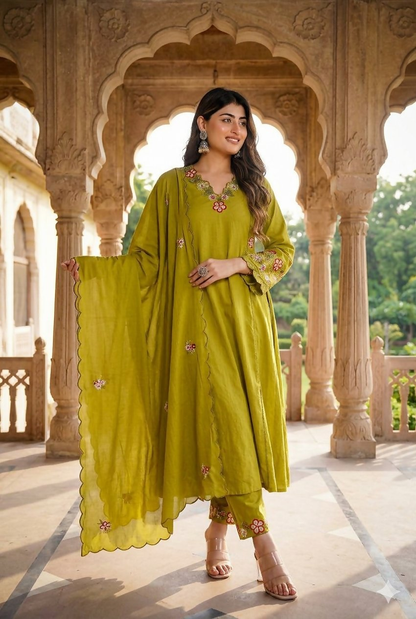 Teeya Creation Olive Green Embroidered Straight Suit Set With Dupatta