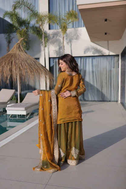 Teeya Creation Womens New Fendi Chiffon With Zari Sequins Coding Embroidered Work Kurta Set