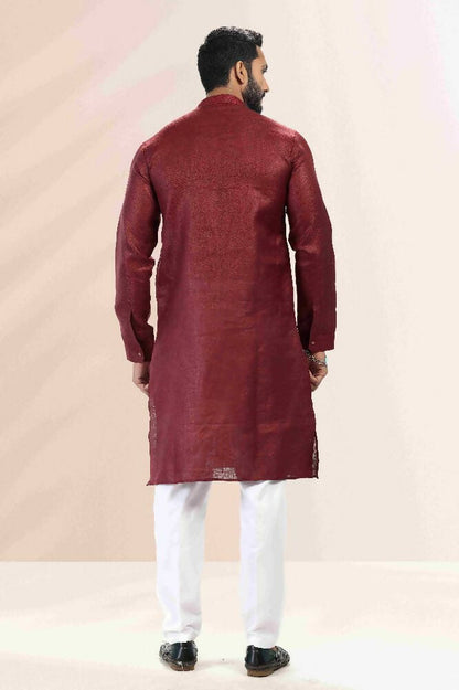Raivat Ethnic Linen Cotton Pintux Work Kurta Pajama In Maroon Colour