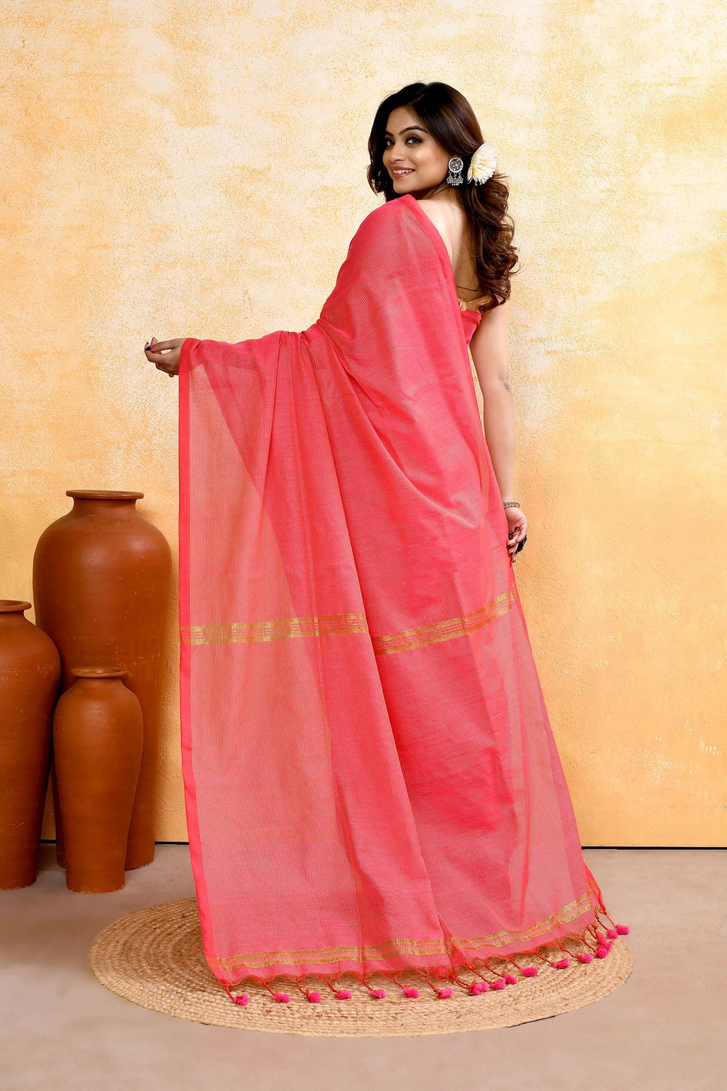Piyari Fashion Women's Pink Embellished Cotton Blend Zari Check Handloom Saree