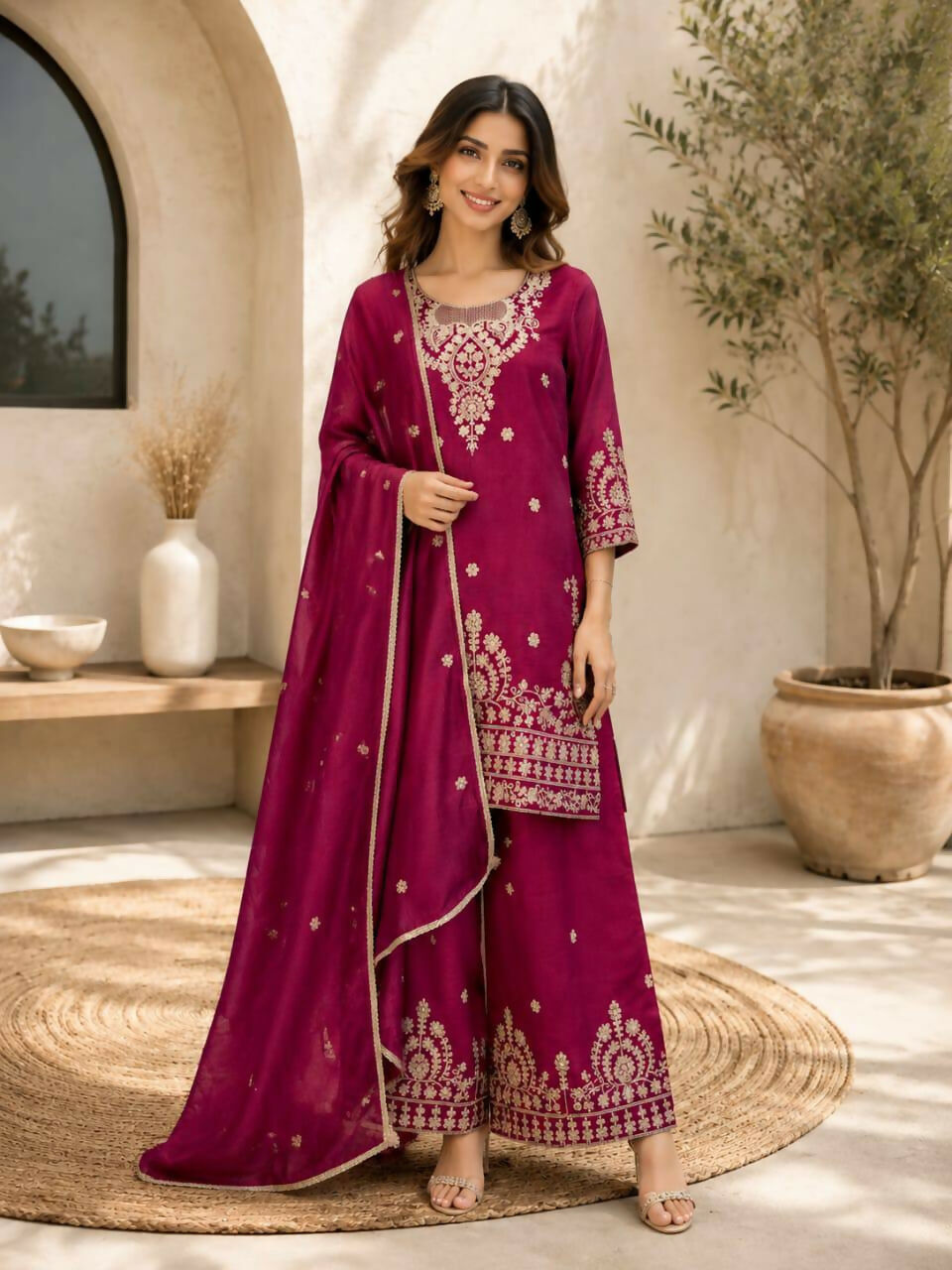 Teeya Creation Wine Embroidered Silk Palazzo Suit With Dupatta