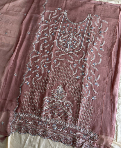 KC Beautiful Peach Chiffon Silk Hand Embroidery Suit For Women