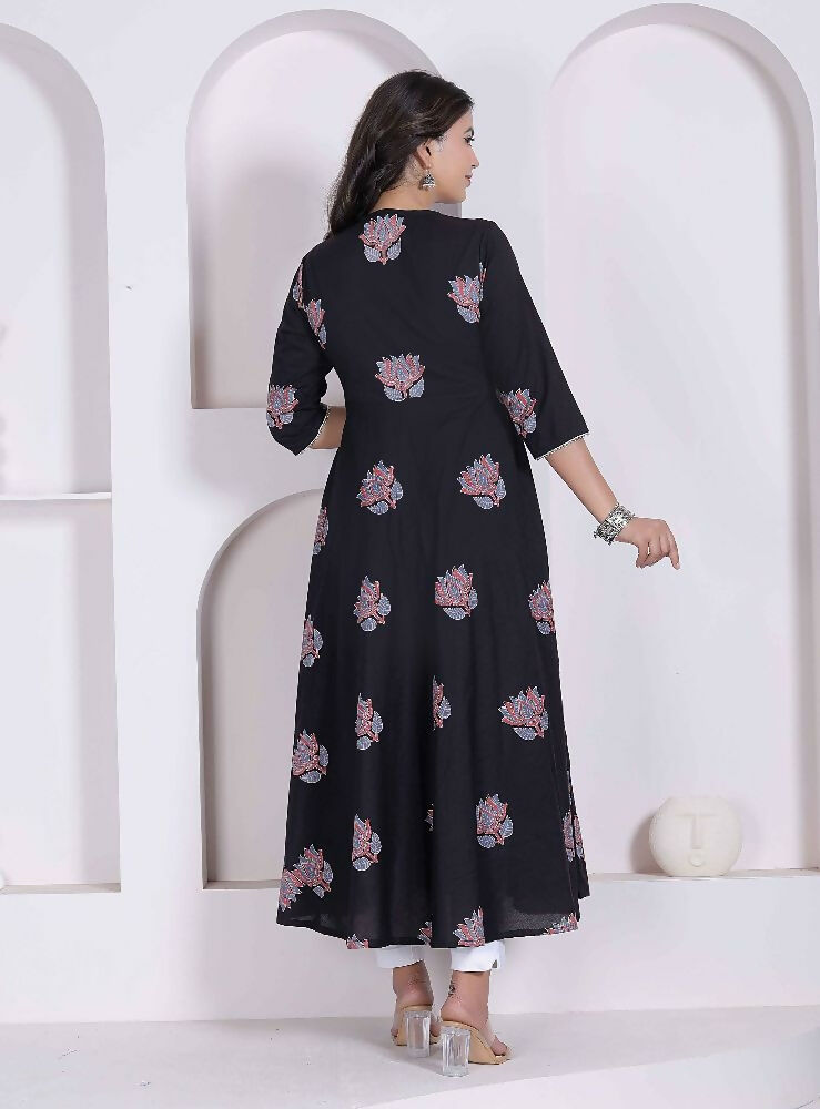 Miravan Black Printed Cotton Anarkali Kurta & Dupatta For Women