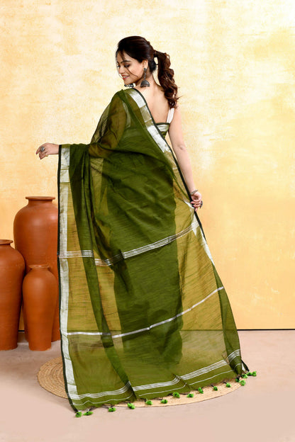 Piyari Fashion Women's Moss Green Embellished Cotton Blend Zari Border Handloom Saree