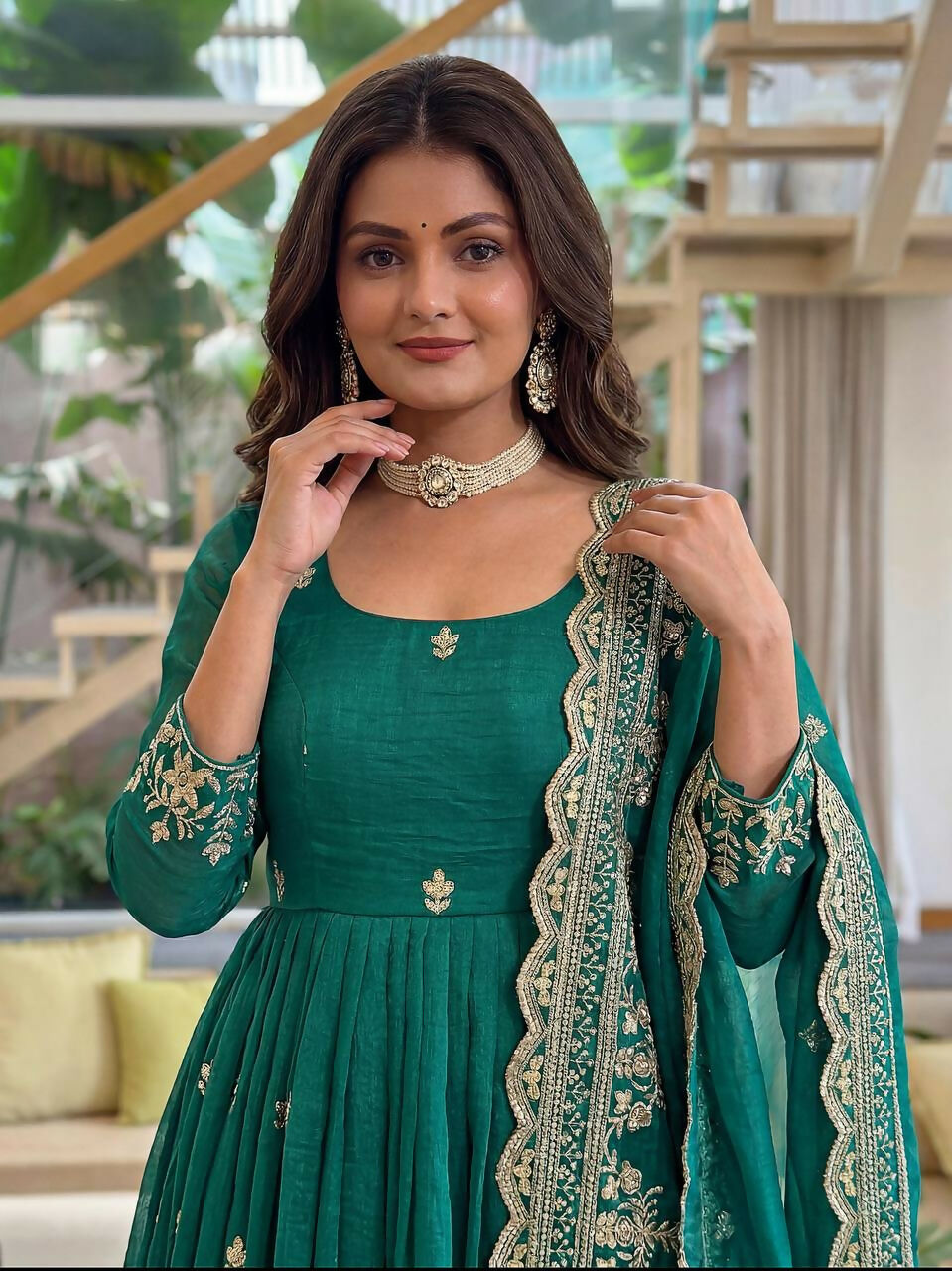 Teeya Creation New Trendy Stylish Wedding Wear Embroidered Anarkali Set - Teal-Green